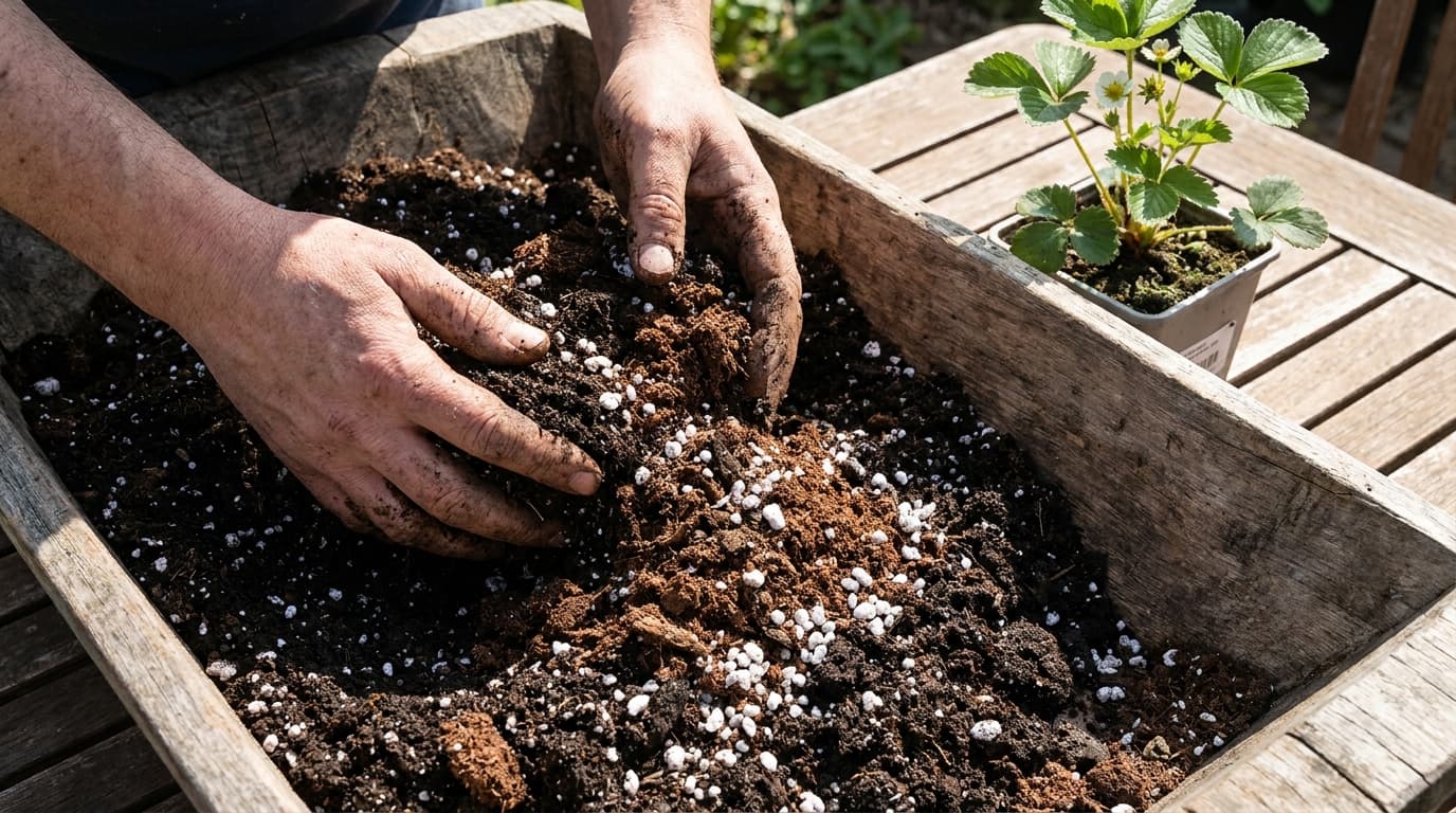 Mixing potting soil, compost, and perlite for container strawberries