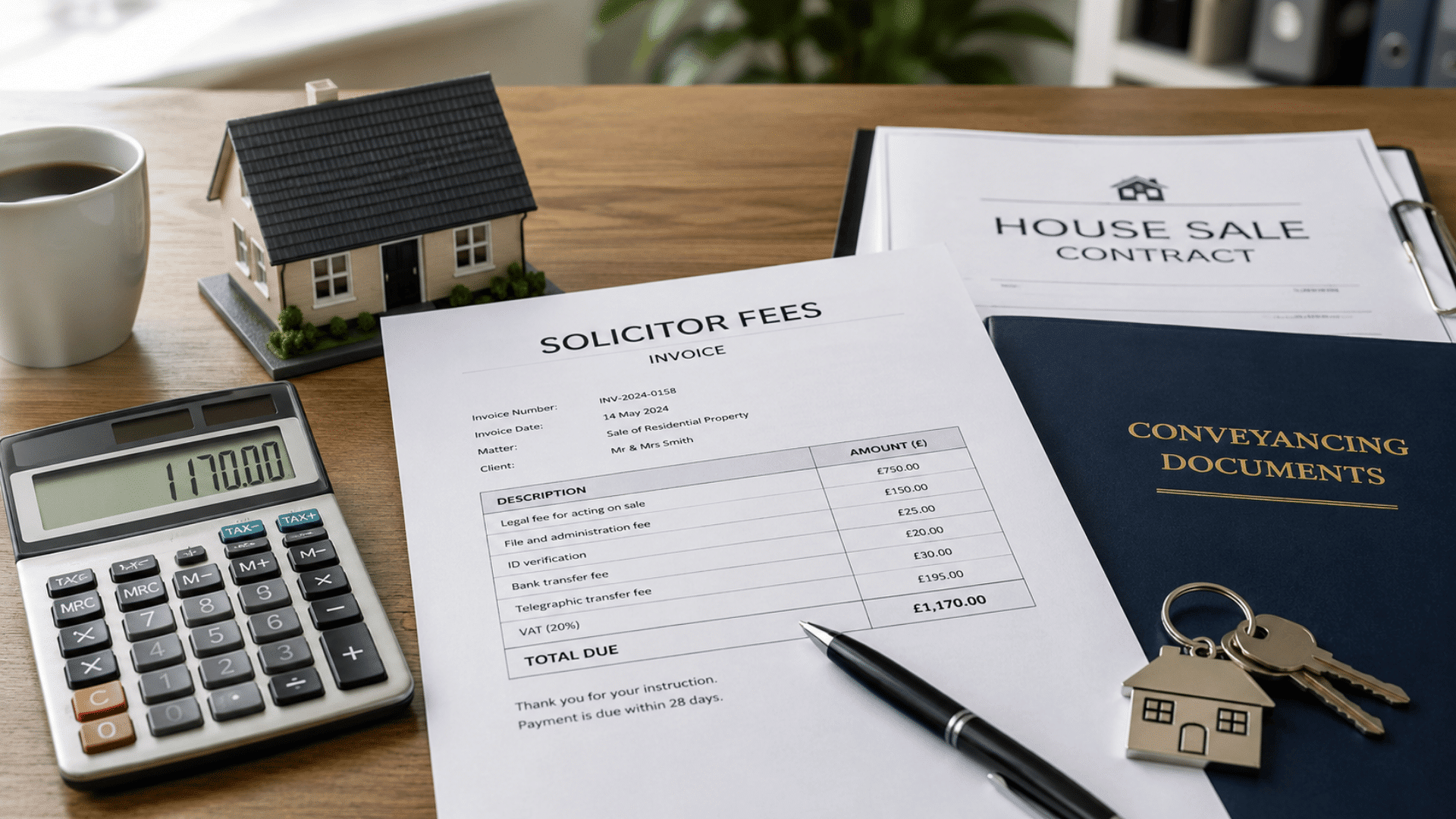 Solicitor fees invoice with calculator, house keys, model home, pen and house sale documents on a professional office desk.