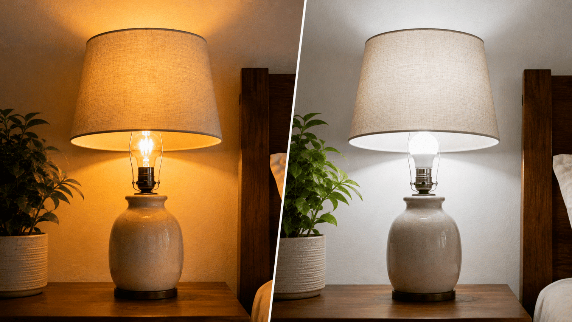 Split image comparing a warm incandescent lamp with a cool LED lamp, separated by a diagonal white line.