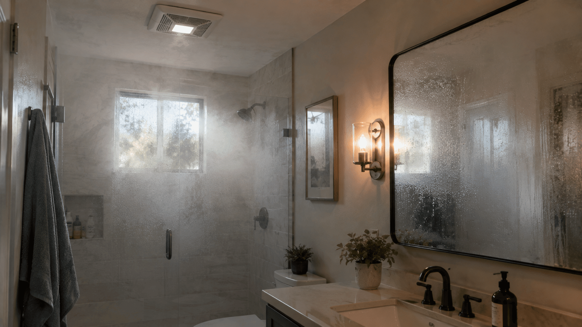 Steamy bathroom after a hot shower with an exhaust fan running, clearing mist from the mirror and room in soft daylight.