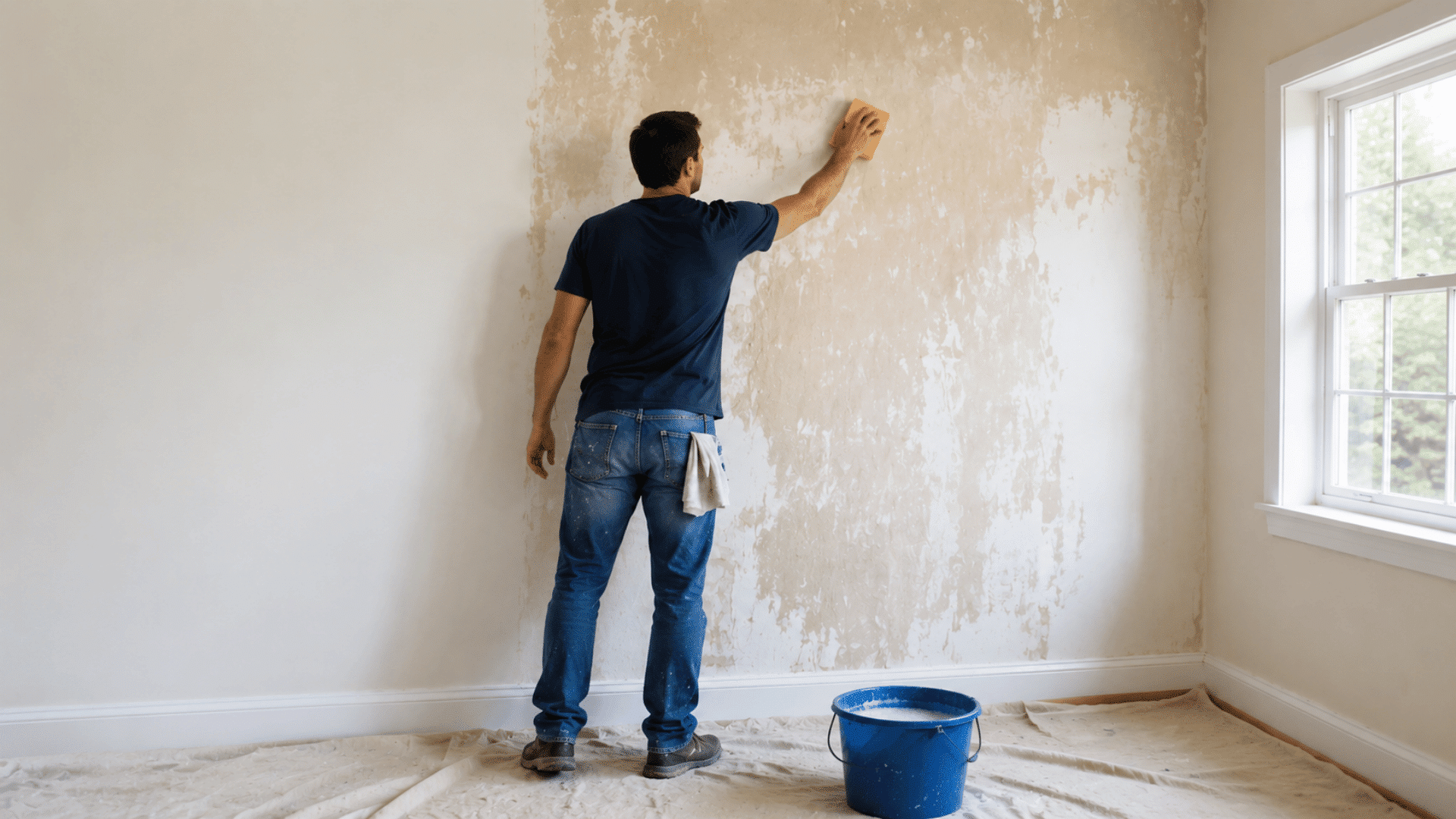 Person cleaning wallpaper glue from room walls with a sponge and bucket, working section by section during wall preparation.