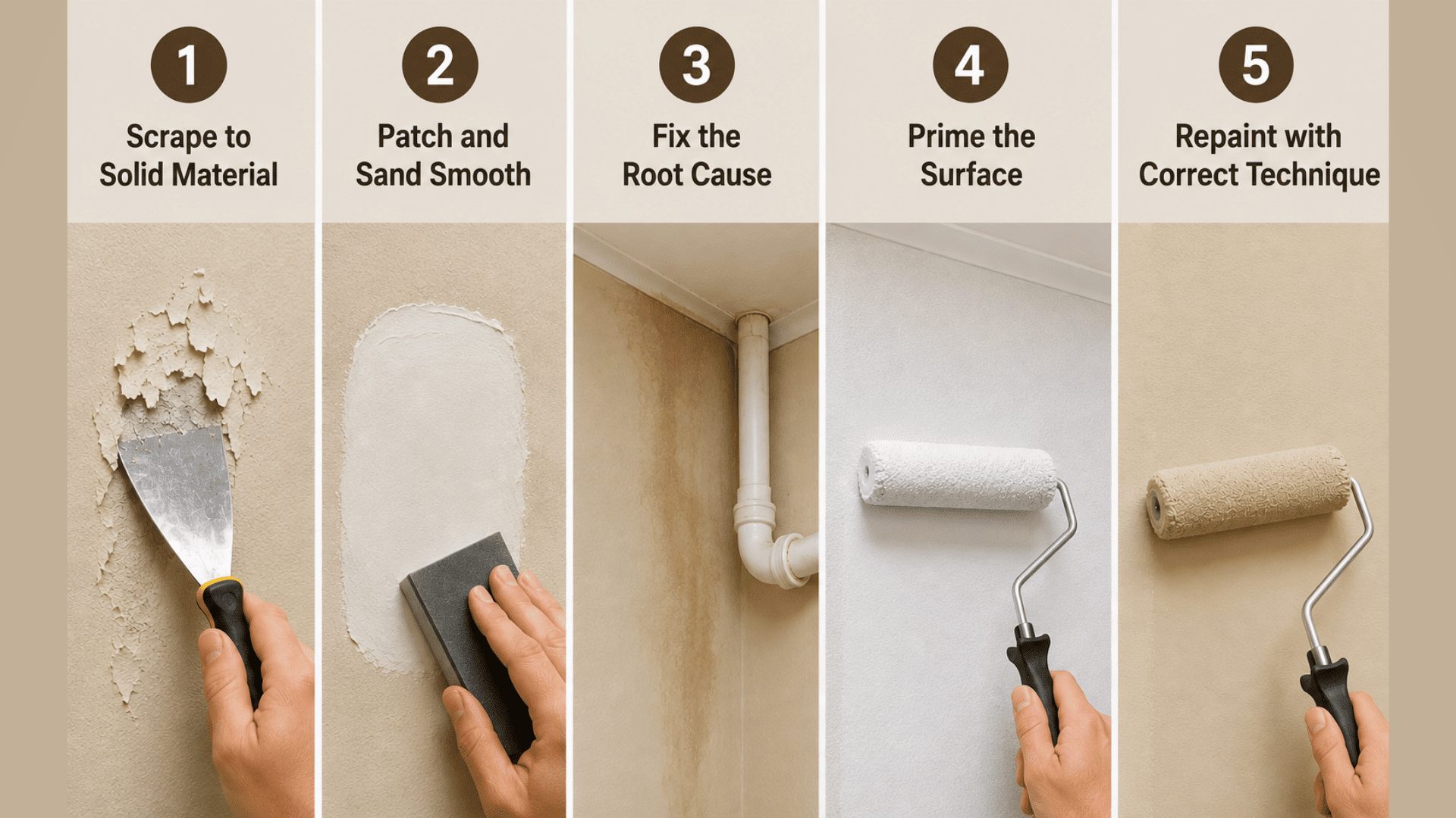 Five-step paint bubble repair: scrape, patch and sand, fix moisture, prime the wall, then repaint evenly.