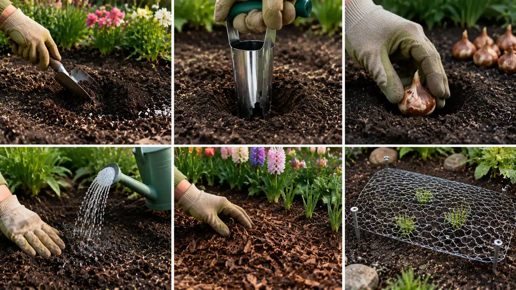 Step-by-step process of planting bulbs, including preparing soil, placing bulbs, watering, mulching, and protecting the garden bed.