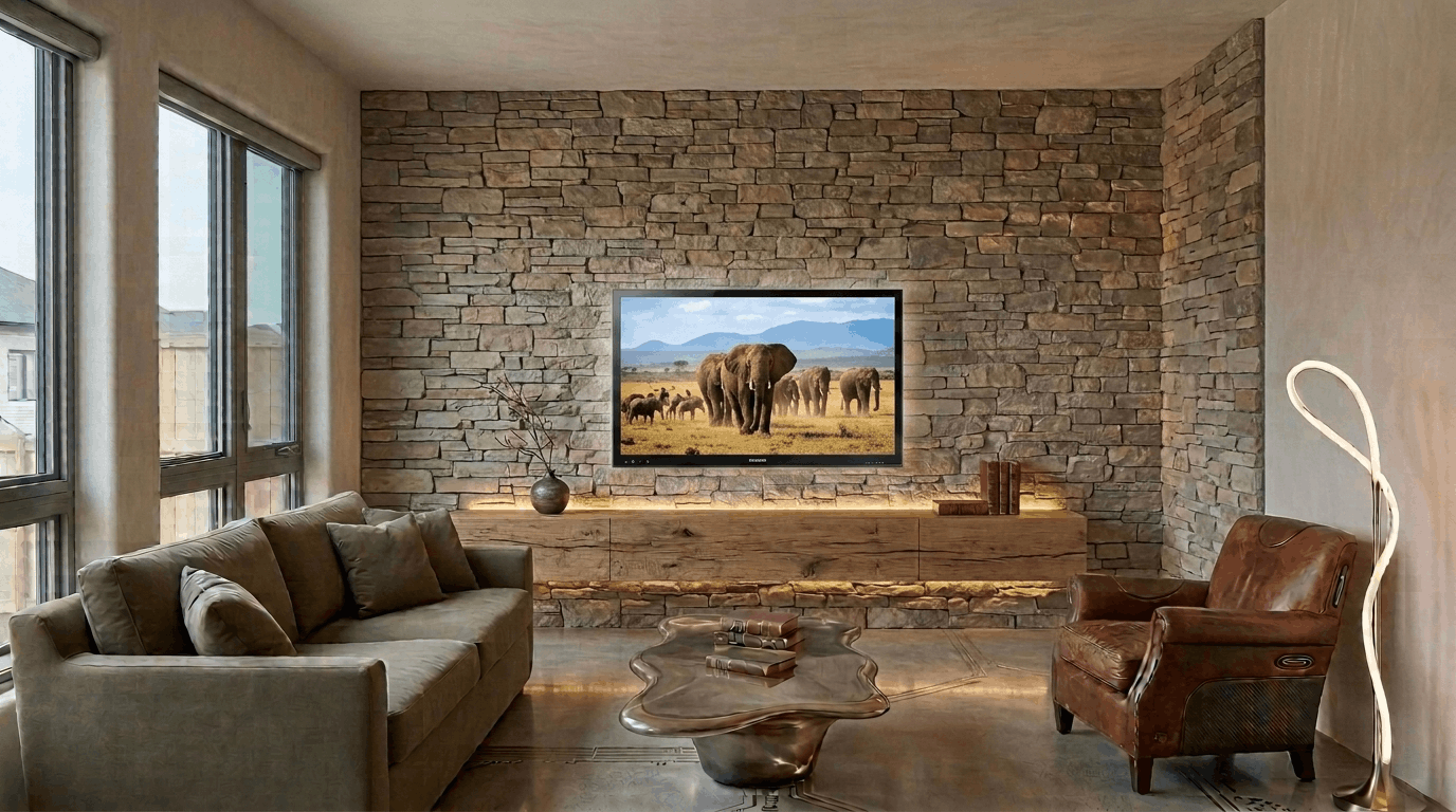Stone fireplace media wall with mounted television