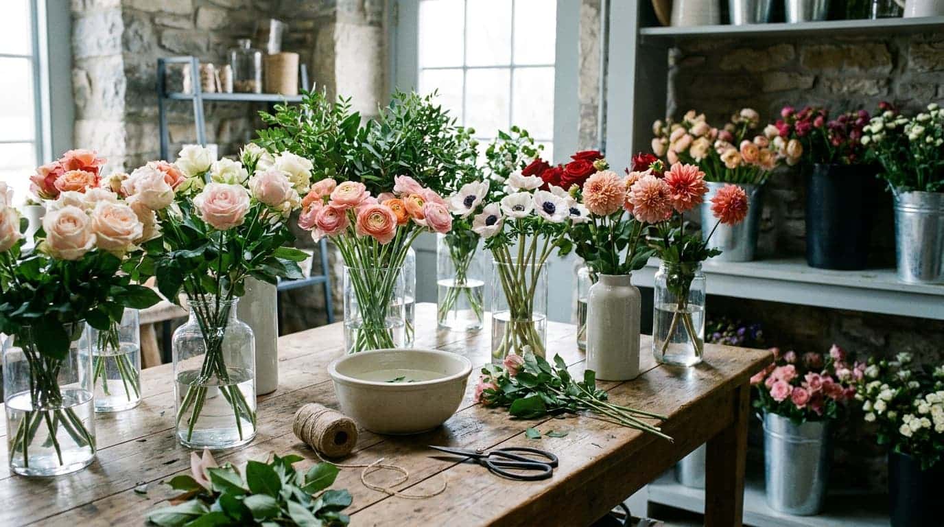 Freshly cut flowers resting in water containers before being arranged.