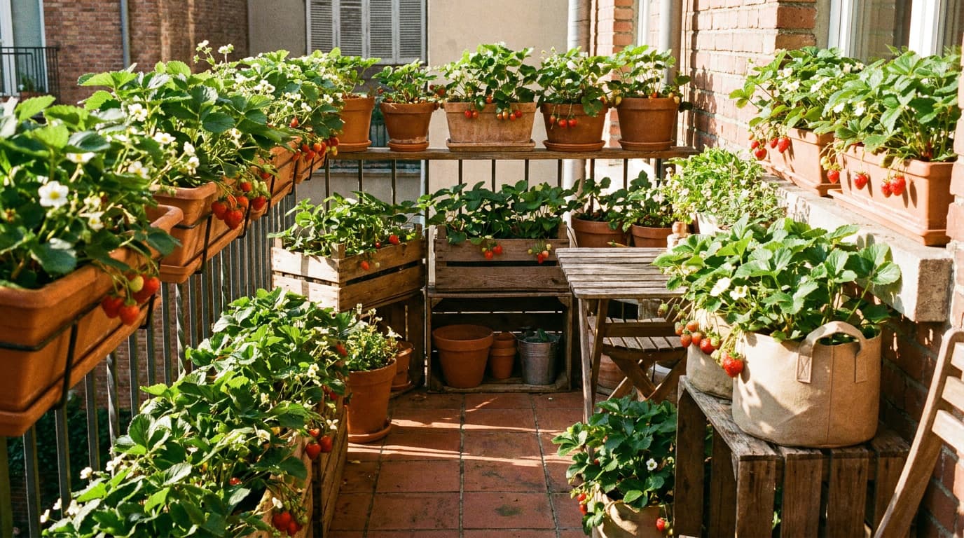 Strawberry containers placed in a sunny spot for healthy growth