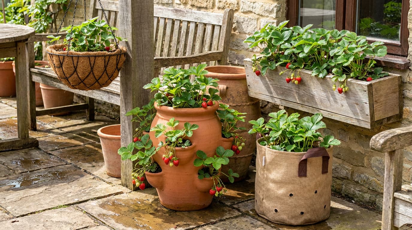 Different containers used for growing strawberries in small spaces