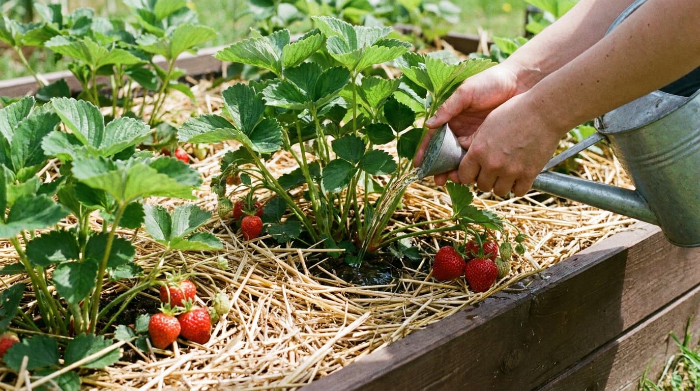 Caring for strawberry plants with watering, mulch, and healthy fruit growth after planting
