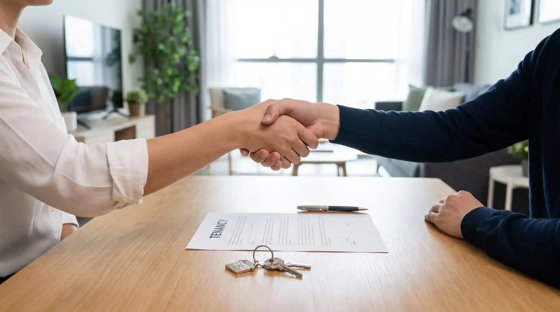 Two people shaking hands across a desk with a tenancy agreement and keys sitting in the foreground.