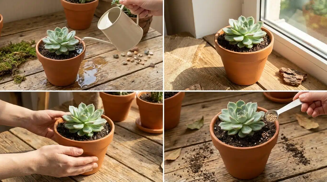 Succulent care after planting with watering, sunlight, rotation, and seasonal maintenance in a bright indoor garden setting.