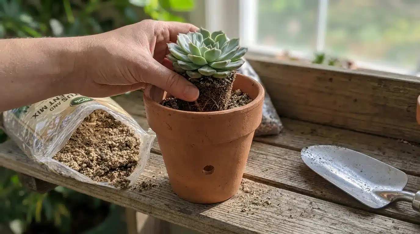 Succulent placed at the correct depth in a terracotta pot with fresh well-draining soil.