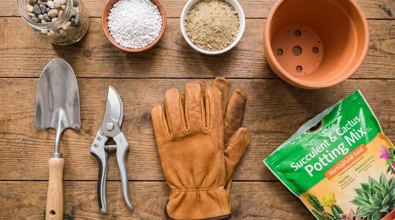Succulent planting tools and materials arranged on a garden table with potting mix, terracotta pot, gloves, trowel, and drainage supplies.