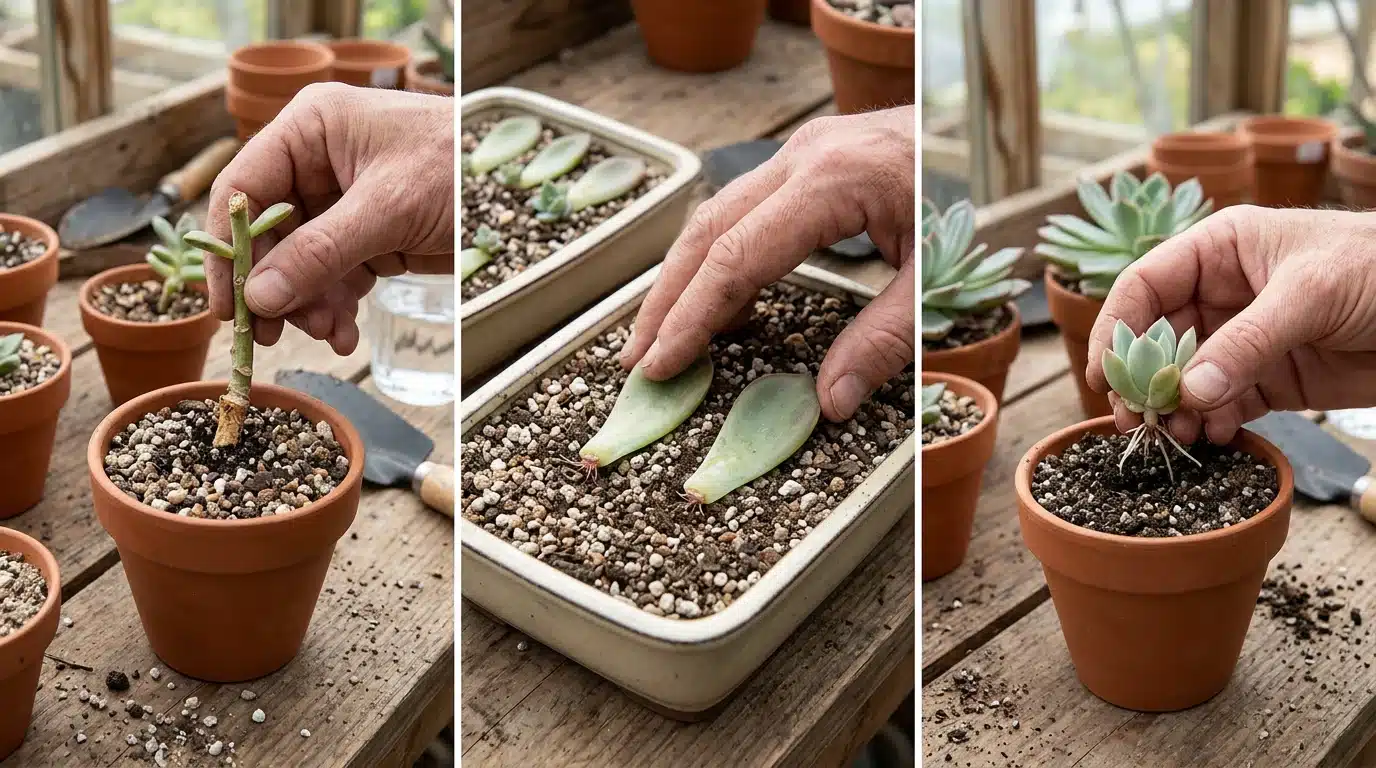 Succulent propagation steps showing stem cutting, leaf propagation, and offsets being planted in soil without text labels.