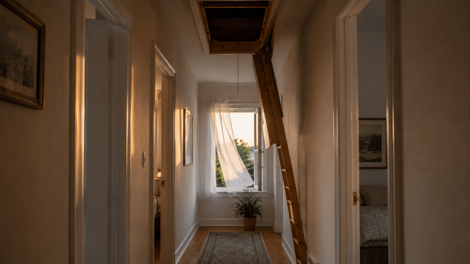 Summer hallway with an open attic hatch, ladder, distant open window, and flowing curtains showing natural airflow through the home.
