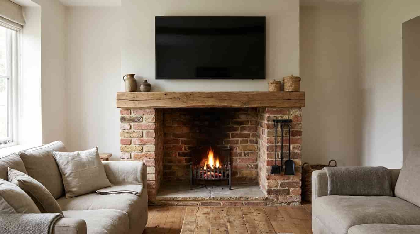 Television above an exposed brick fireplace with a timber mantel and black metal accents.