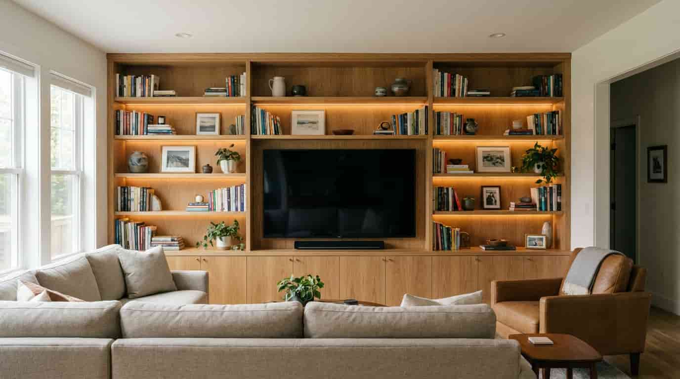 Television centered within floor-to-ceiling bookshelves styled with artwork, ceramics, plants, and subtle lighting.