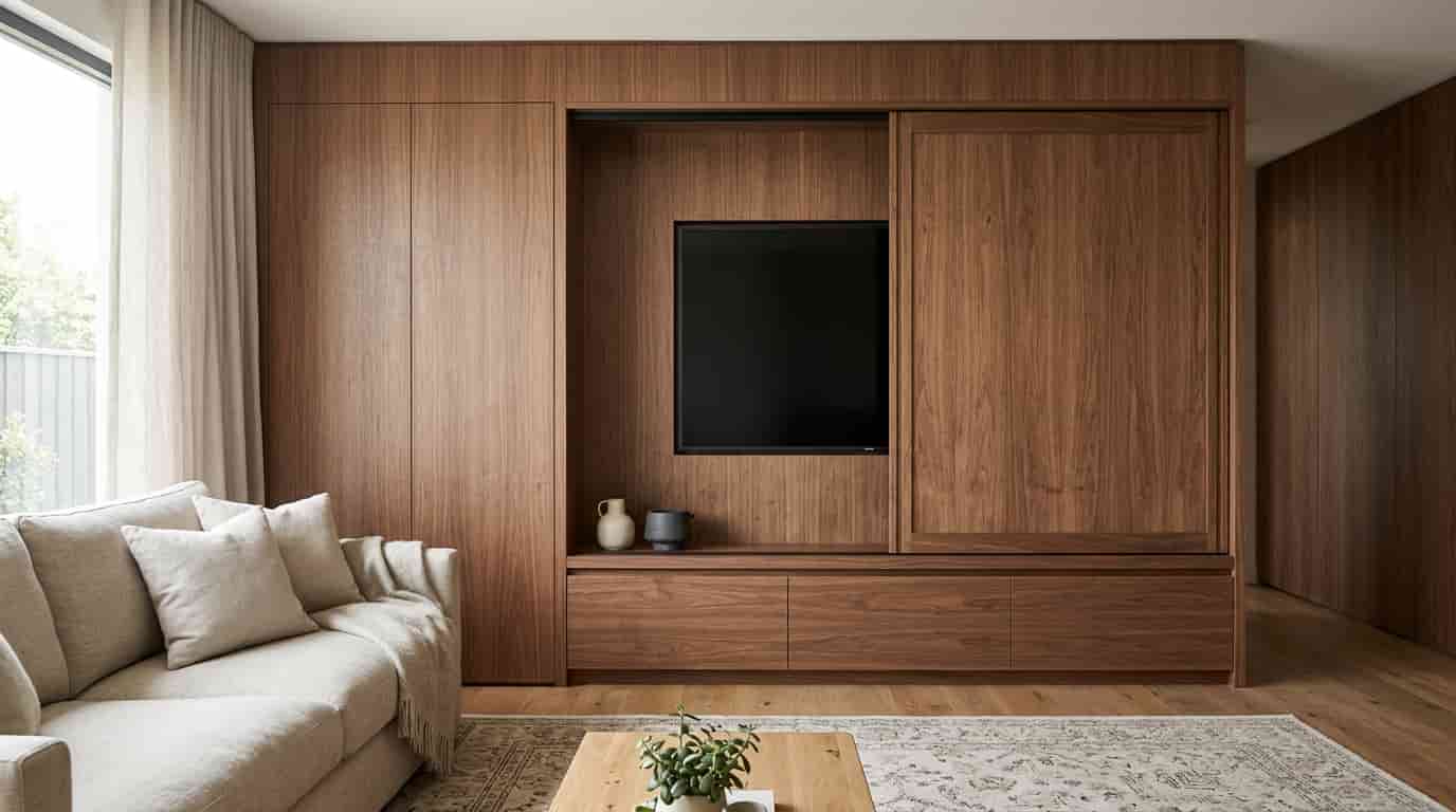 Television concealed behind sliding timber panels in an elegant multipurpose living room.