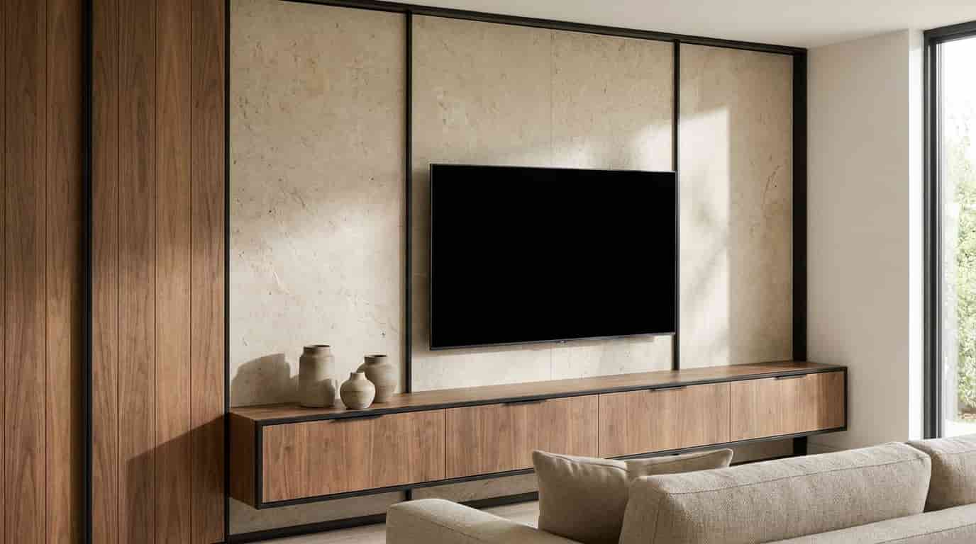 Television media wall combining warm wood, textured stone, and black metal details in a neutral living room.