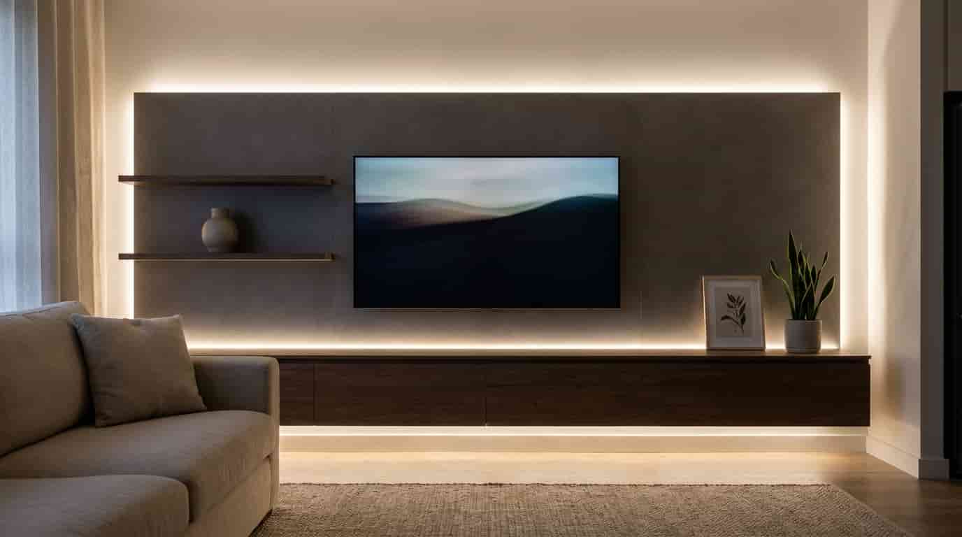 Television media wall with concealed LED lighting behind panels, shelves, and a floating cabinet.