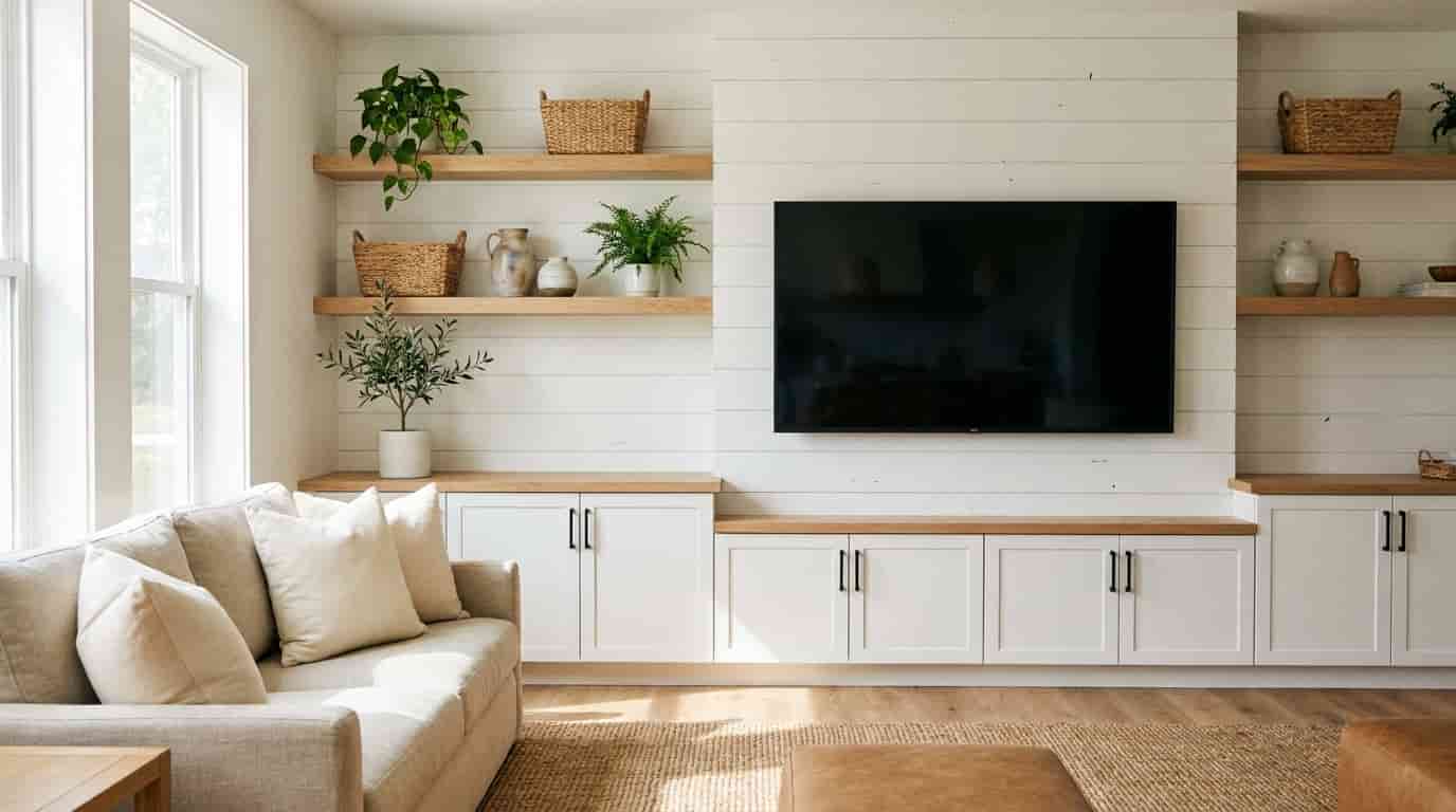 Television on a white shiplap wall with natural wood shelves, black hardware, and woven accessories.