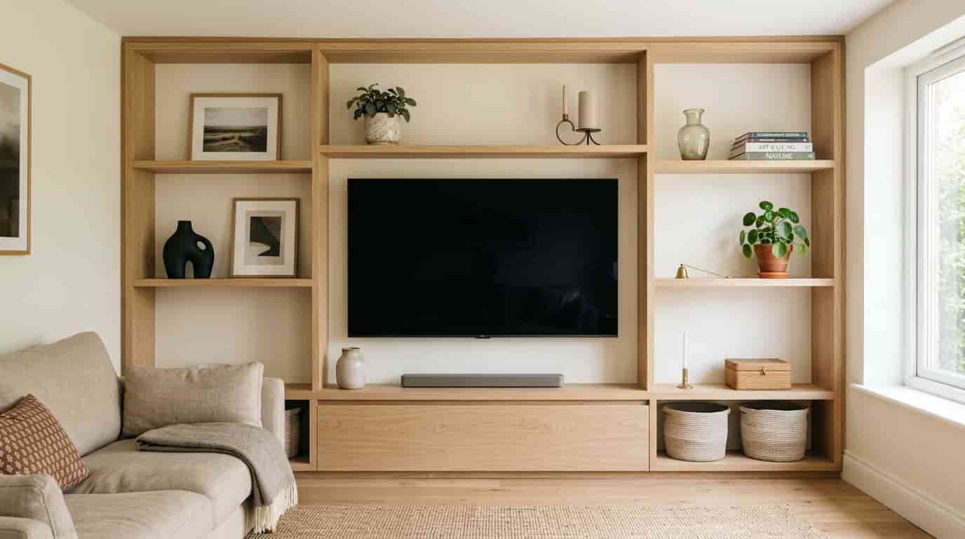 Television surrounded by open shelves displaying ceramics, framed artwork, plants, candles, and a few books.
