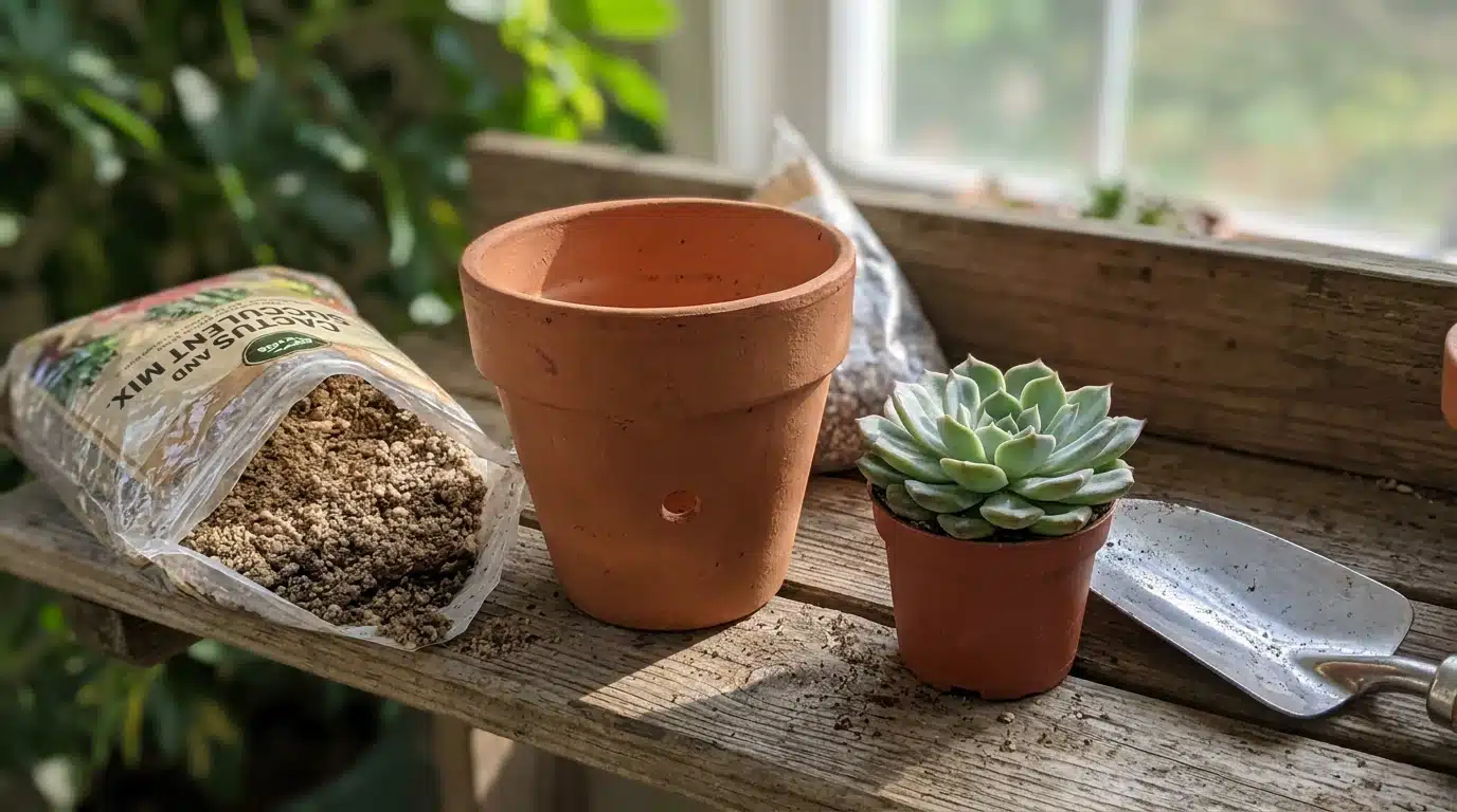 Terracotta pot with drainage hole and succulent soil mix prepared for planting a healthy succulent.