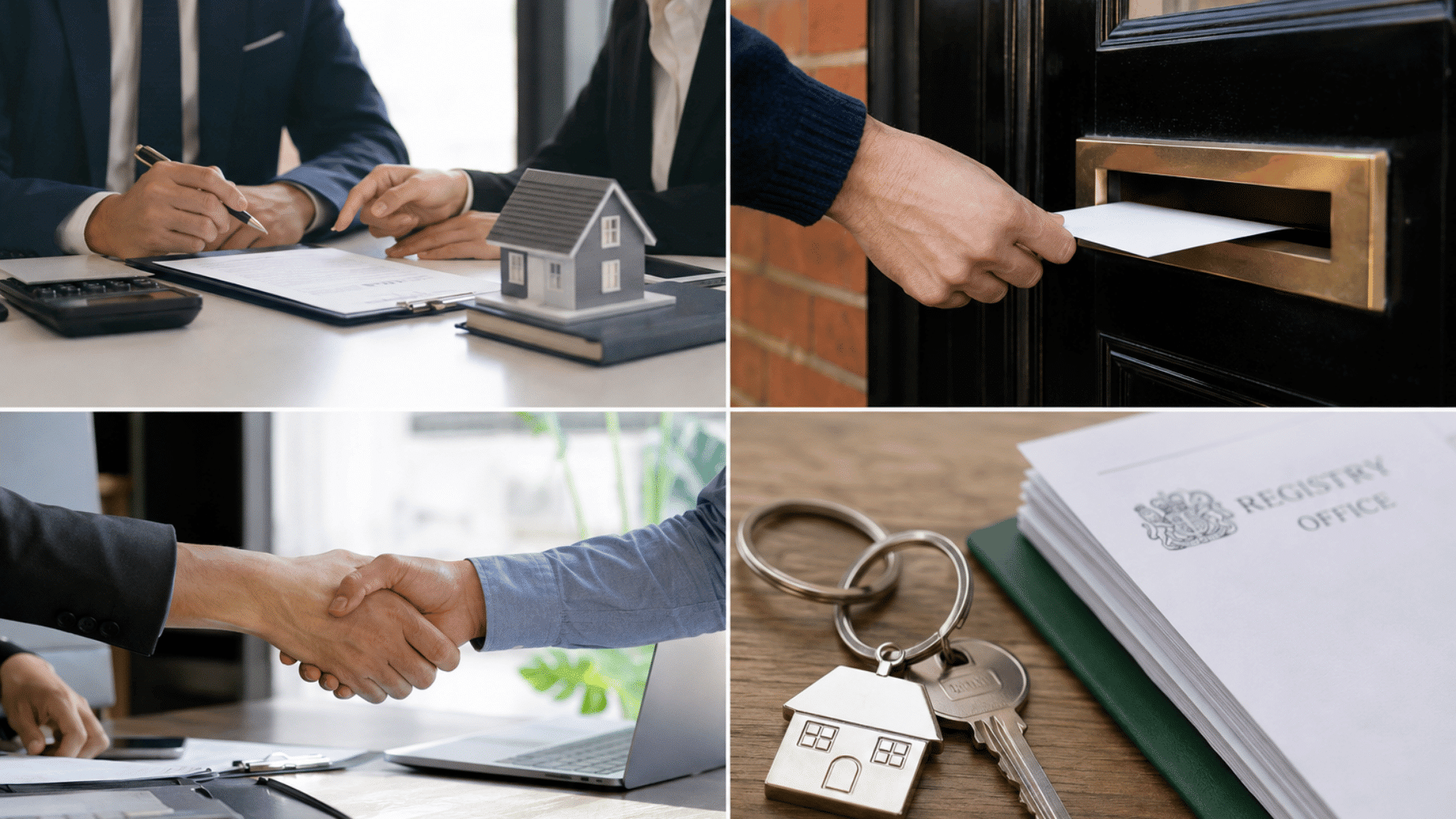 Realistic four-panel image showing lease extension stages: professional advice, notice served, negotiation, and final registration.