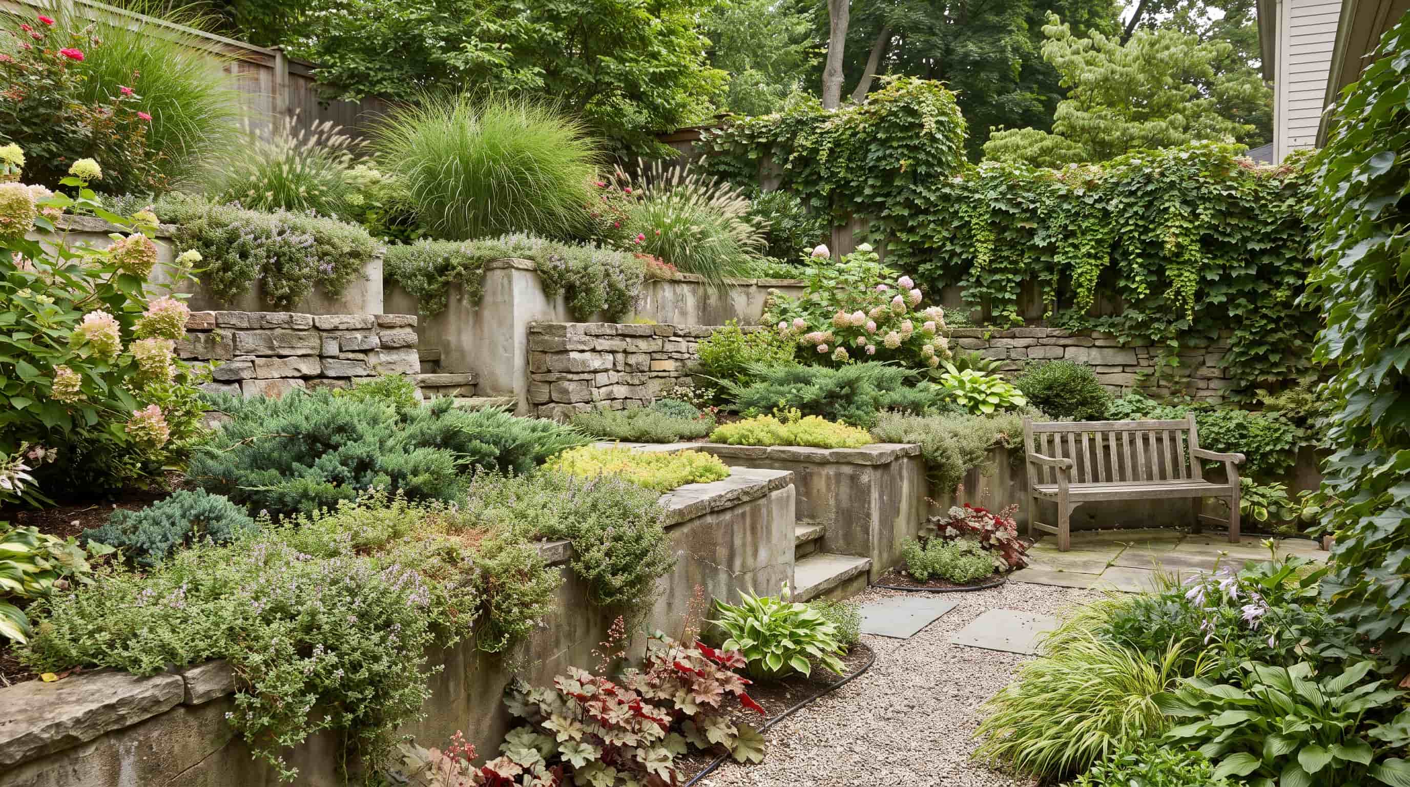 Tiered retaining walls with shrubs and ground covers creating a natural layered garden landscape.