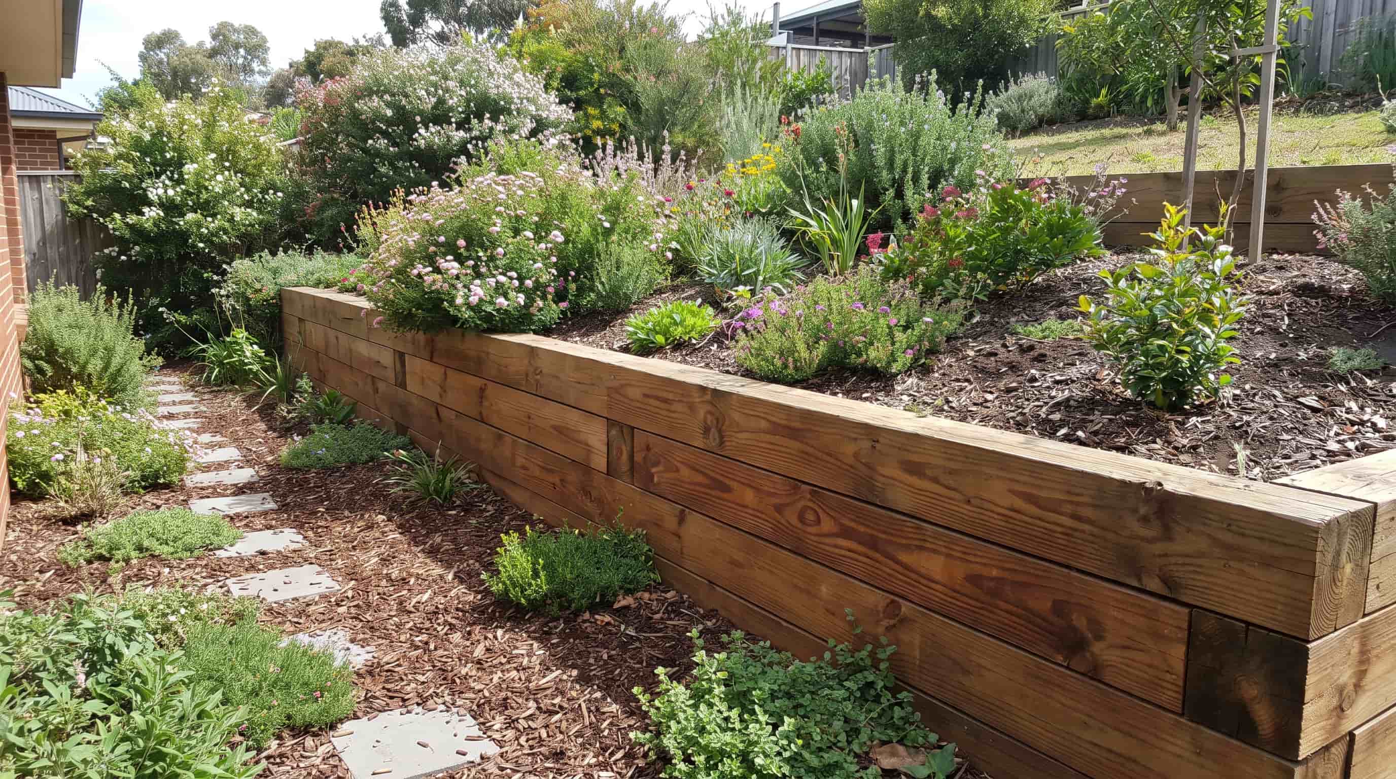 Timber retaining wall made from wood beams holding back a small garden slope