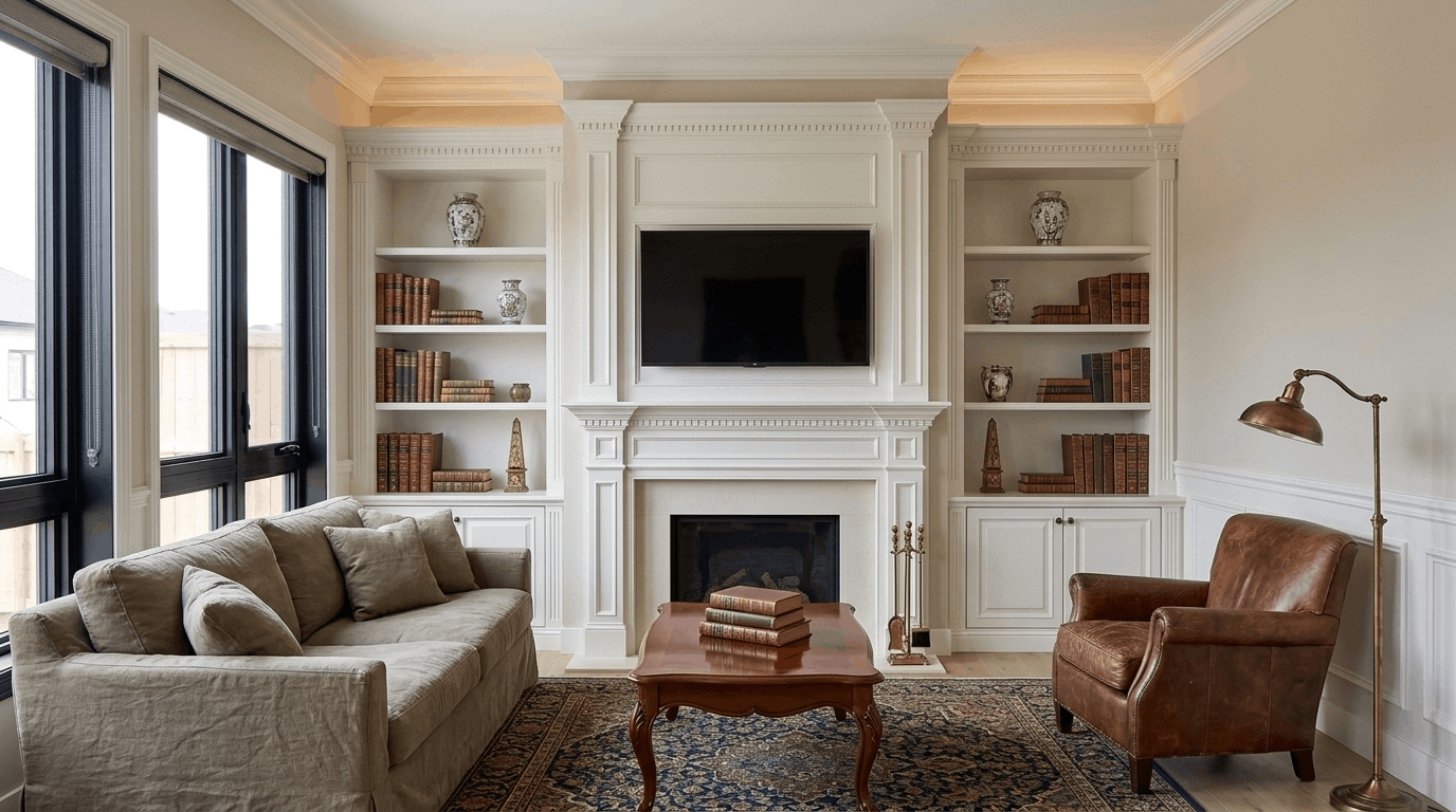 Traditional fireplace mantel media wall design