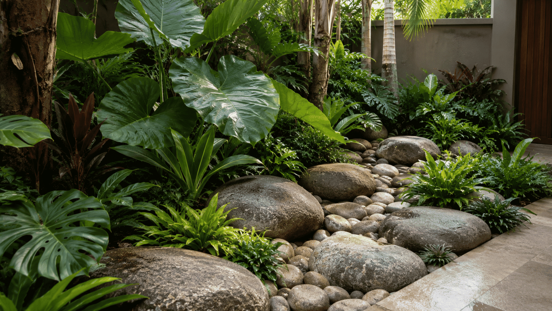 Rock, containers, and seating blend to give the outdoor space a finished look.