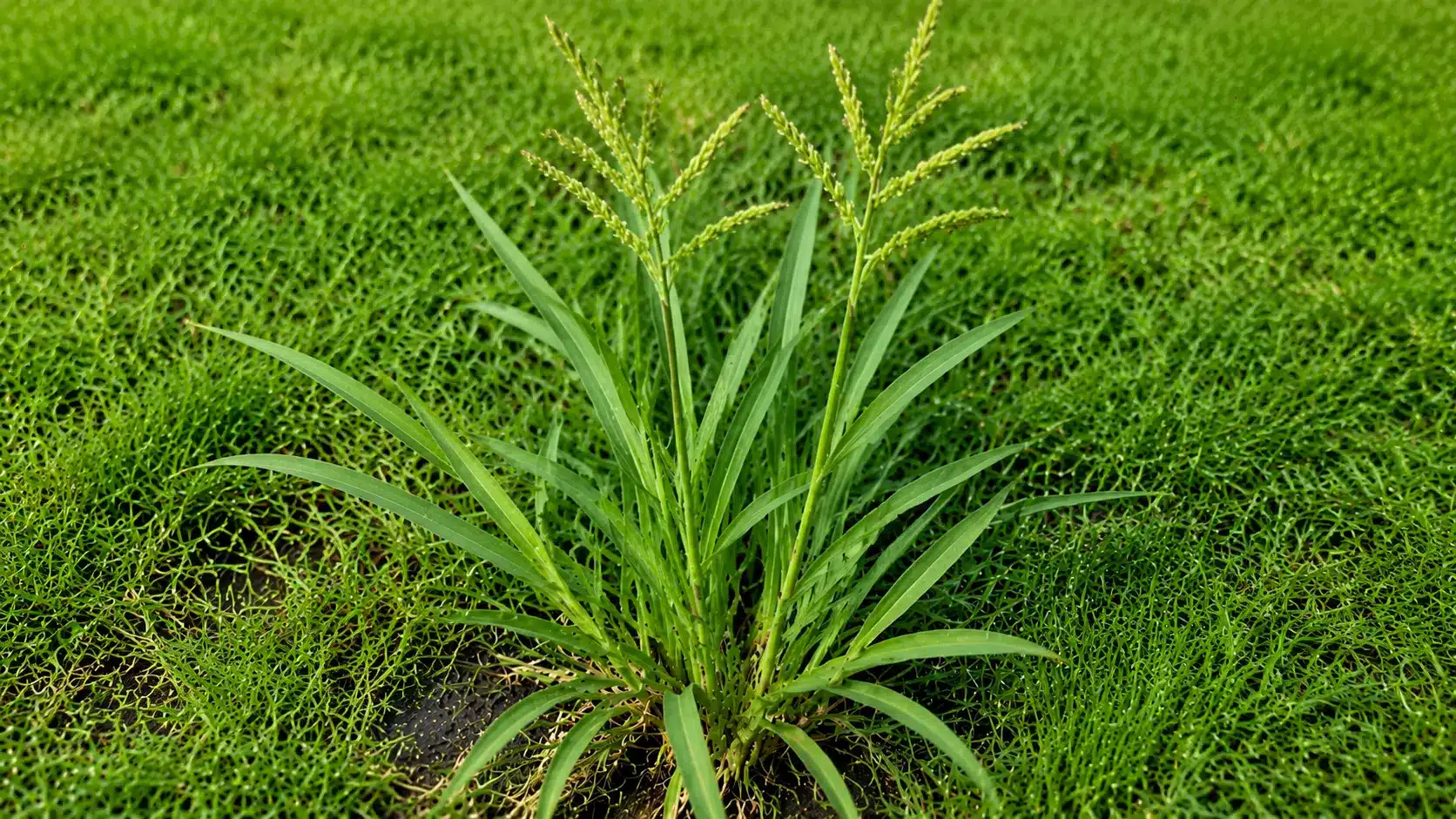 Close-up of a true grass weed with blade-like leaves and seed stalks growing in a green lawn.