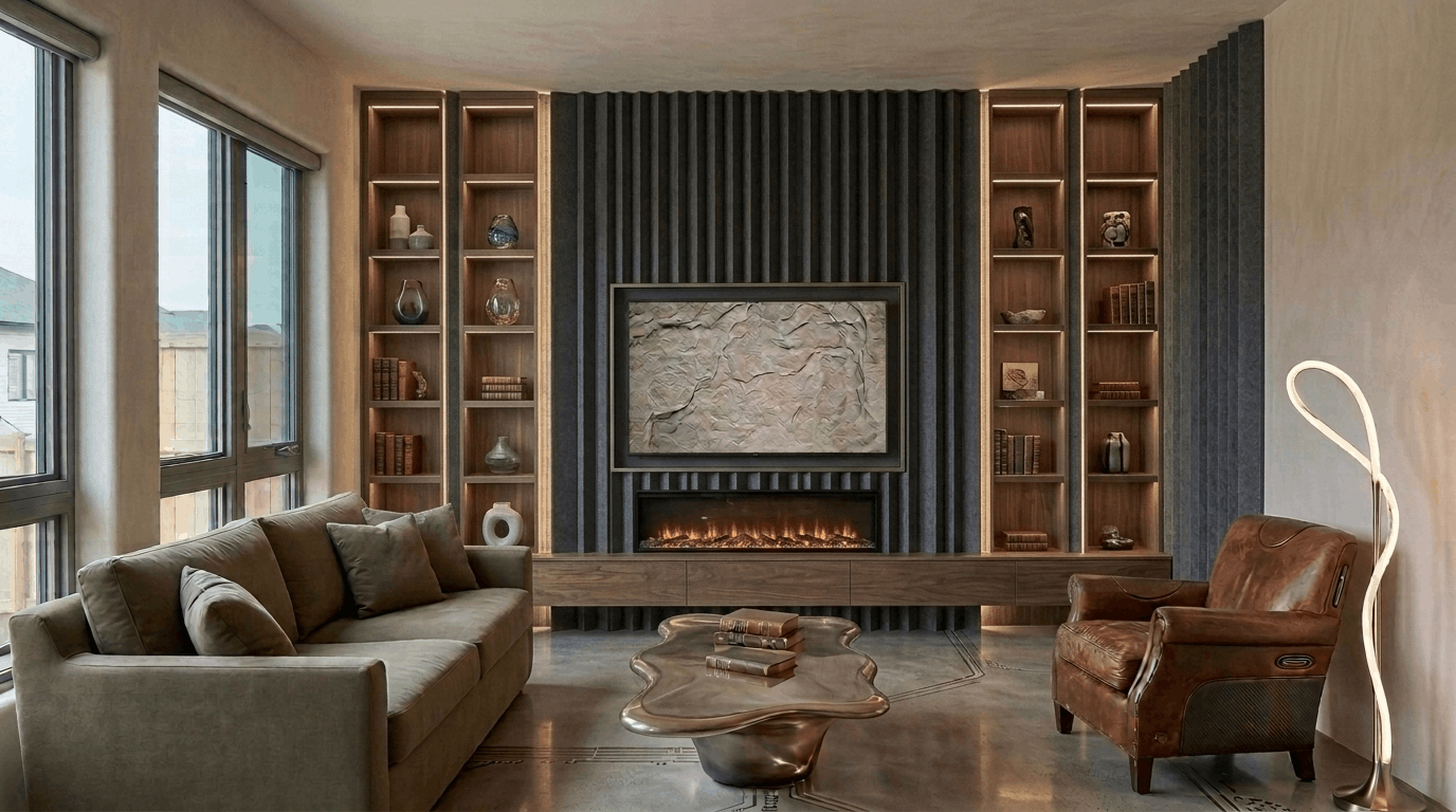 TV mounted above a sleek electric fireplace media wall
