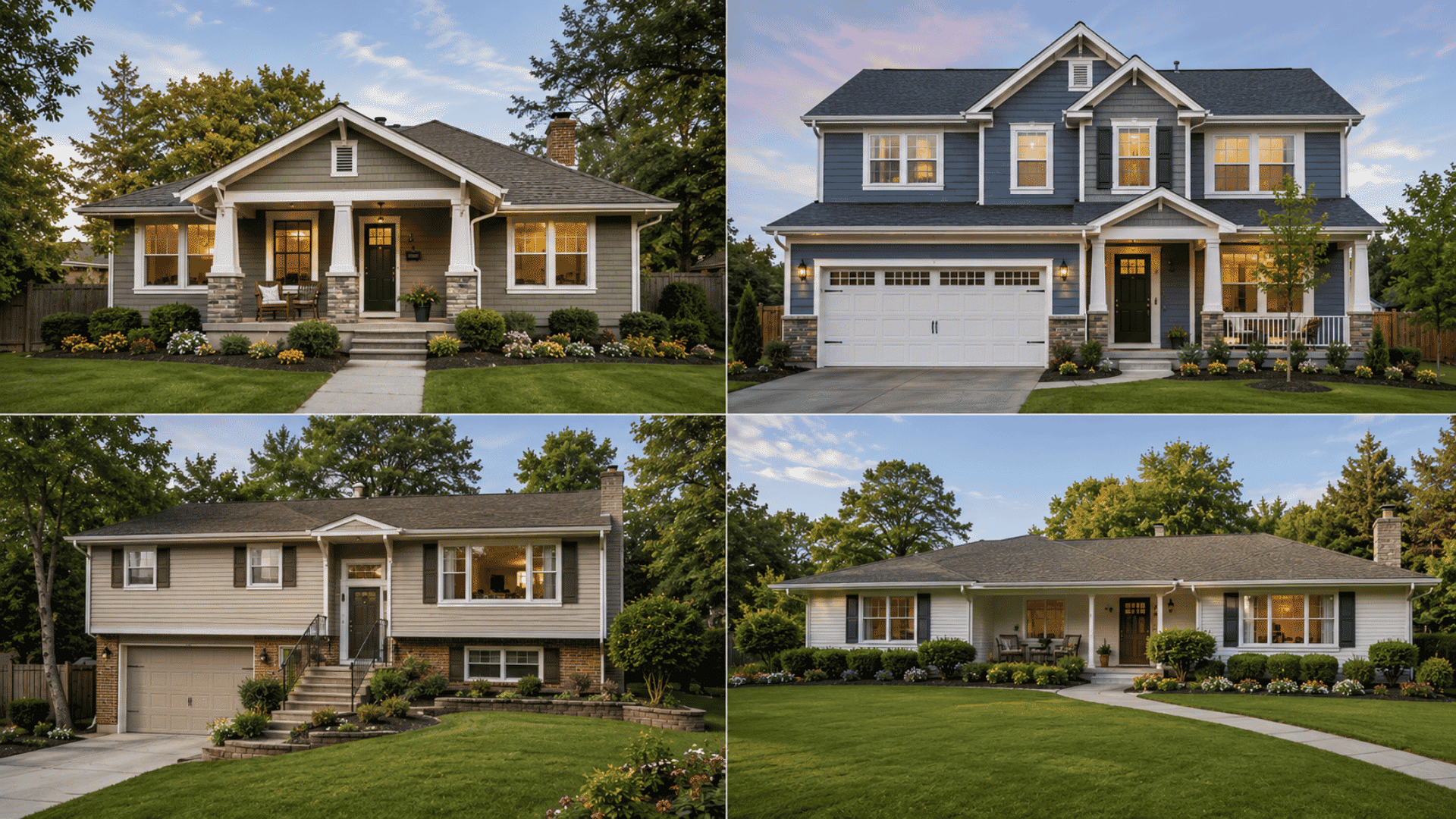 Four-panel collage showing bungalow, two-story, split-level, and ranch-style detached houses with landscaped front yards.