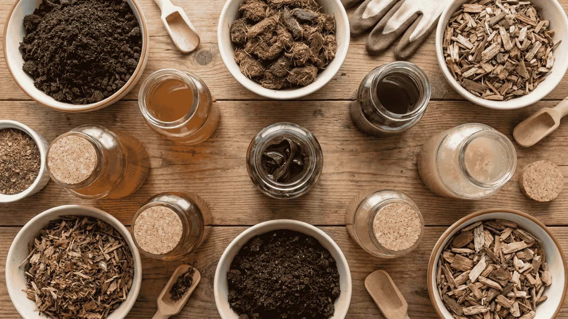 Top-down view of assorted natural fertilizers including compost, soil, wood chips, and liquid organic extracts arranged neatly on a wooden surface
