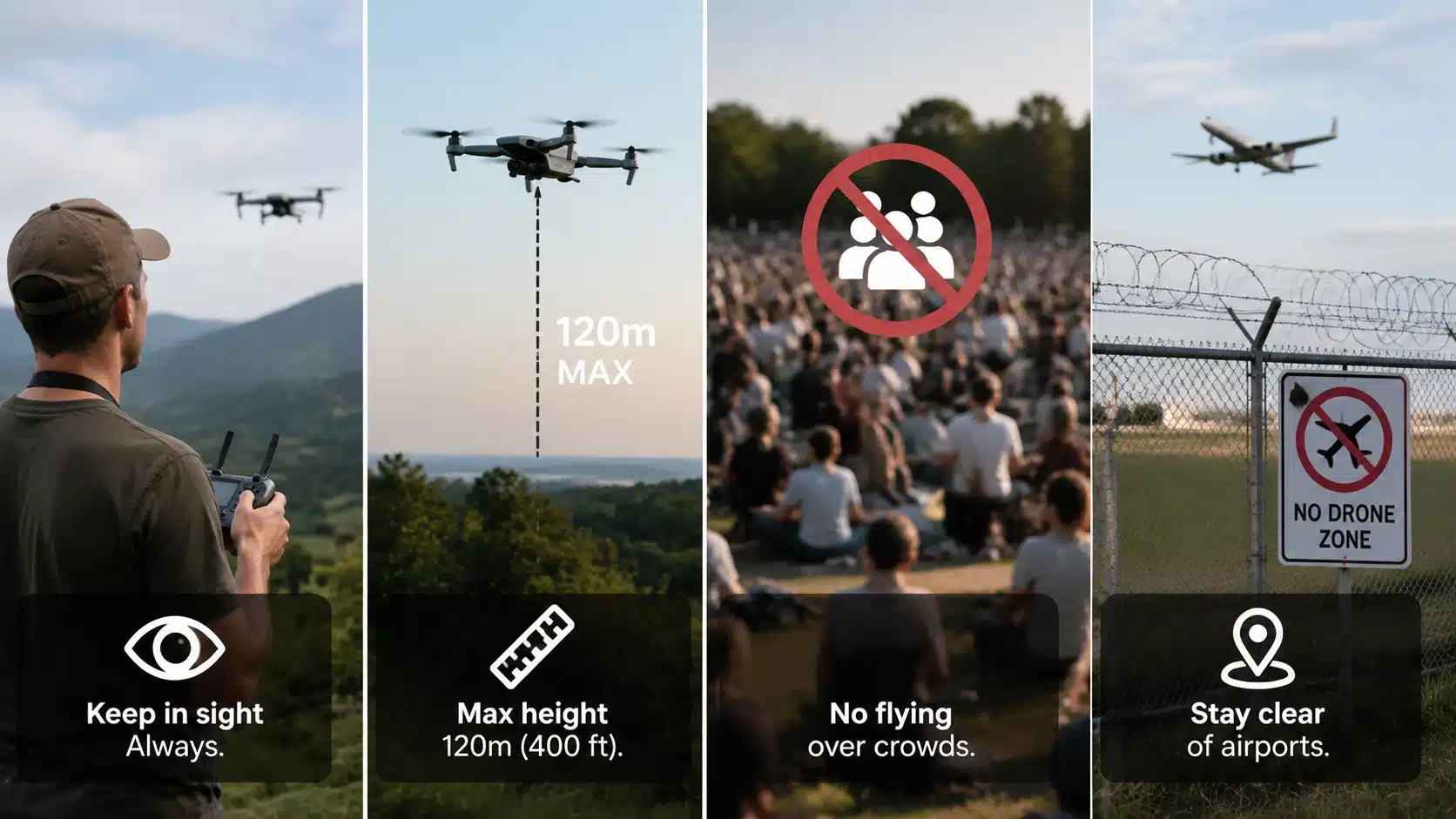 UK drone flight rules showing line of sight, 120m height limit, crowd restrictions, and airport safety requirements.