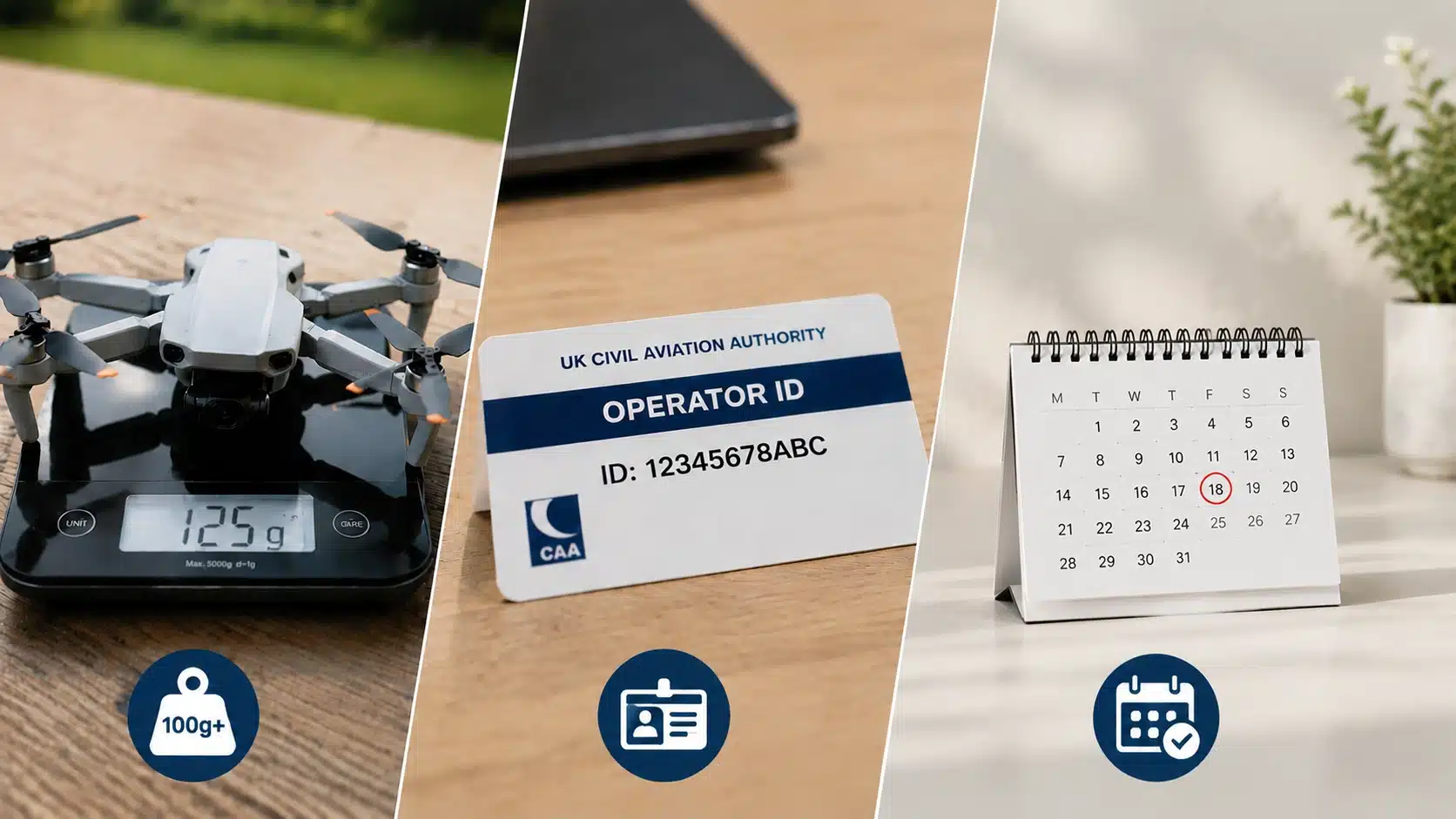 UK drone registration requirements showing a drone, operator ID card, and annual renewal reminder under the Drone Code rules.