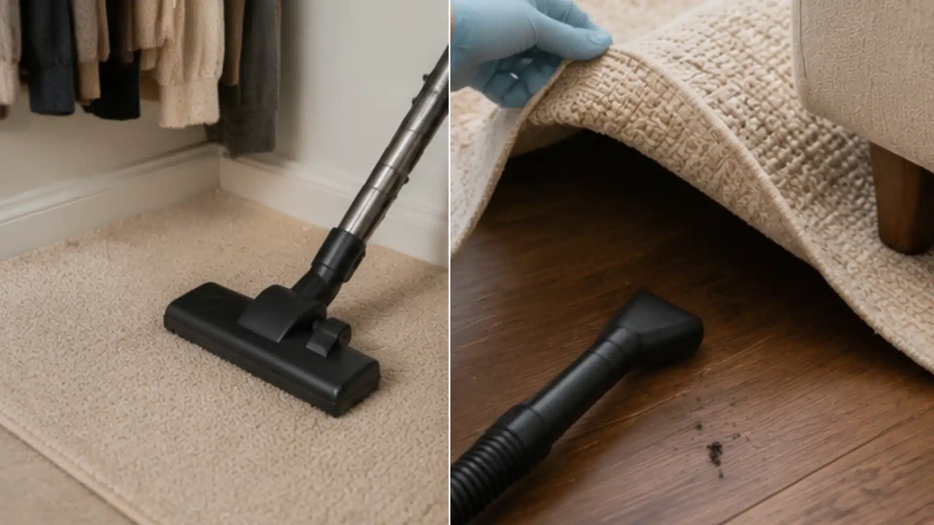 Vacuum cleaner removing debris from closet carpet edges and hidden areas during moth cleanup.