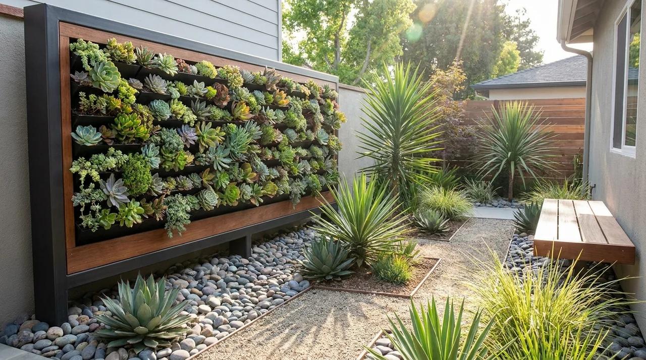 Backyard wall display featuring vertical succulent planters and drought-tolerant plants.