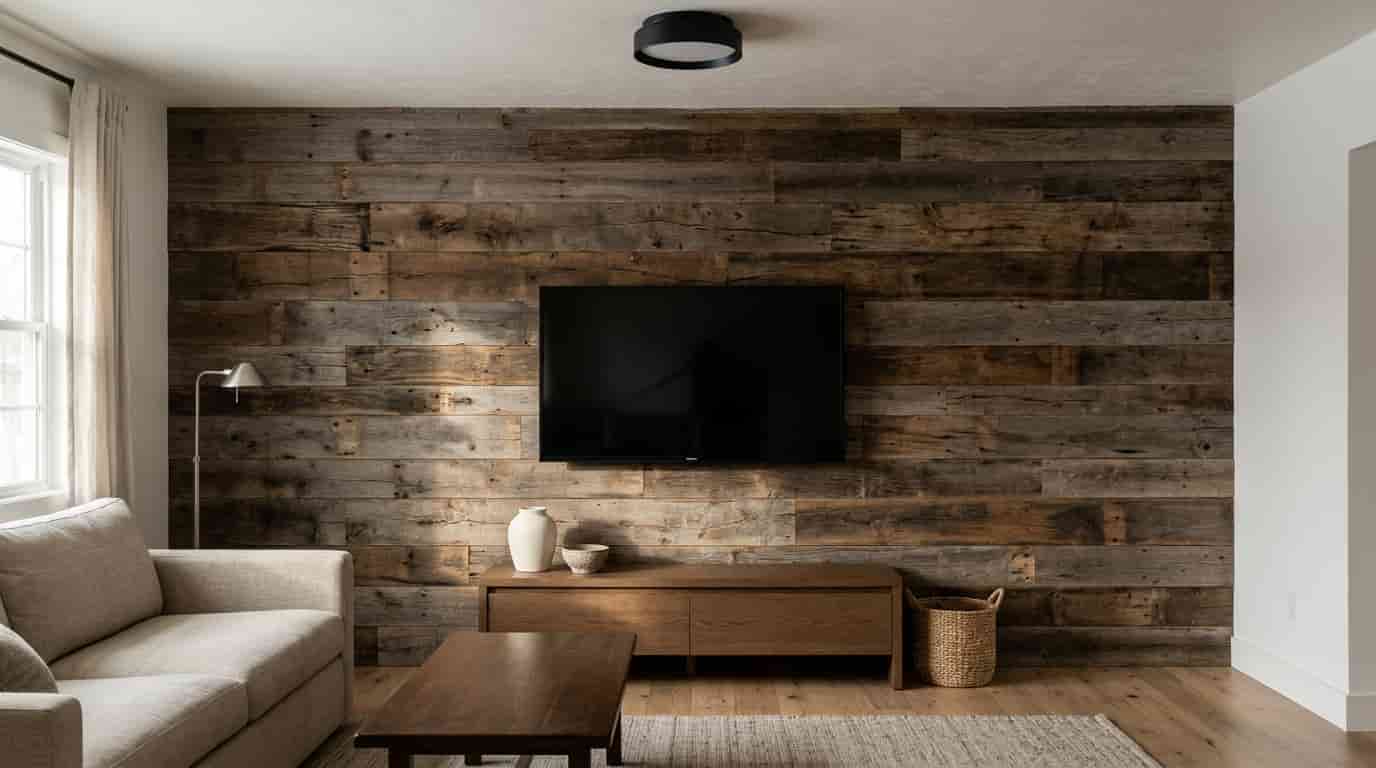 Wall-mounted television on a reclaimed wood media wall with varied grain patterns and weathered textures.