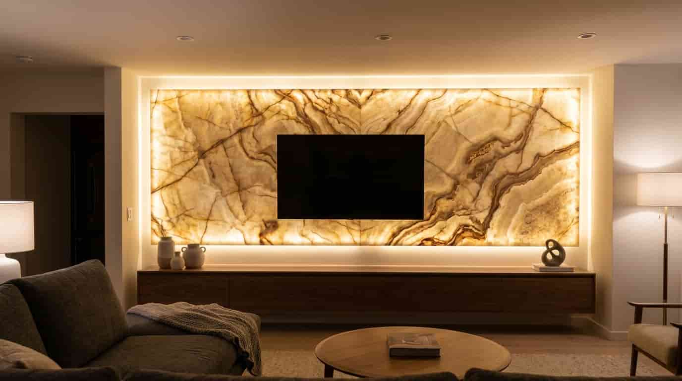Wall-mounted television on softly backlit marble with floating cabinetry in a modern living room.