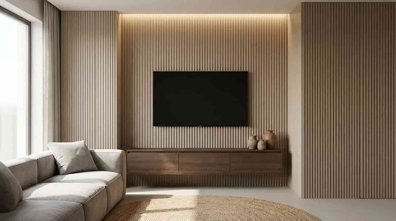 Wall-mounted television set against fluted textured panels with a floating cabinet in a modern living room.