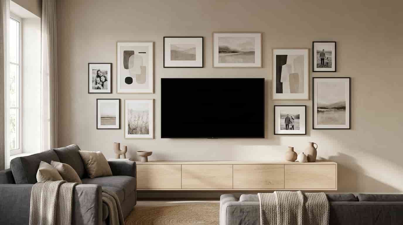 Wall-mounted television surrounded by evenly spaced framed artwork in matching frames.