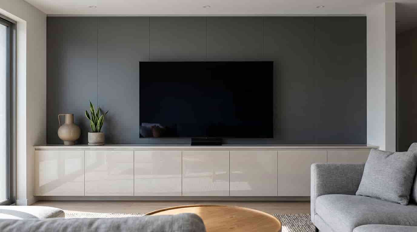 Wall-mounted television with glossy cabinets and contrasting matte panels in a modern living room.