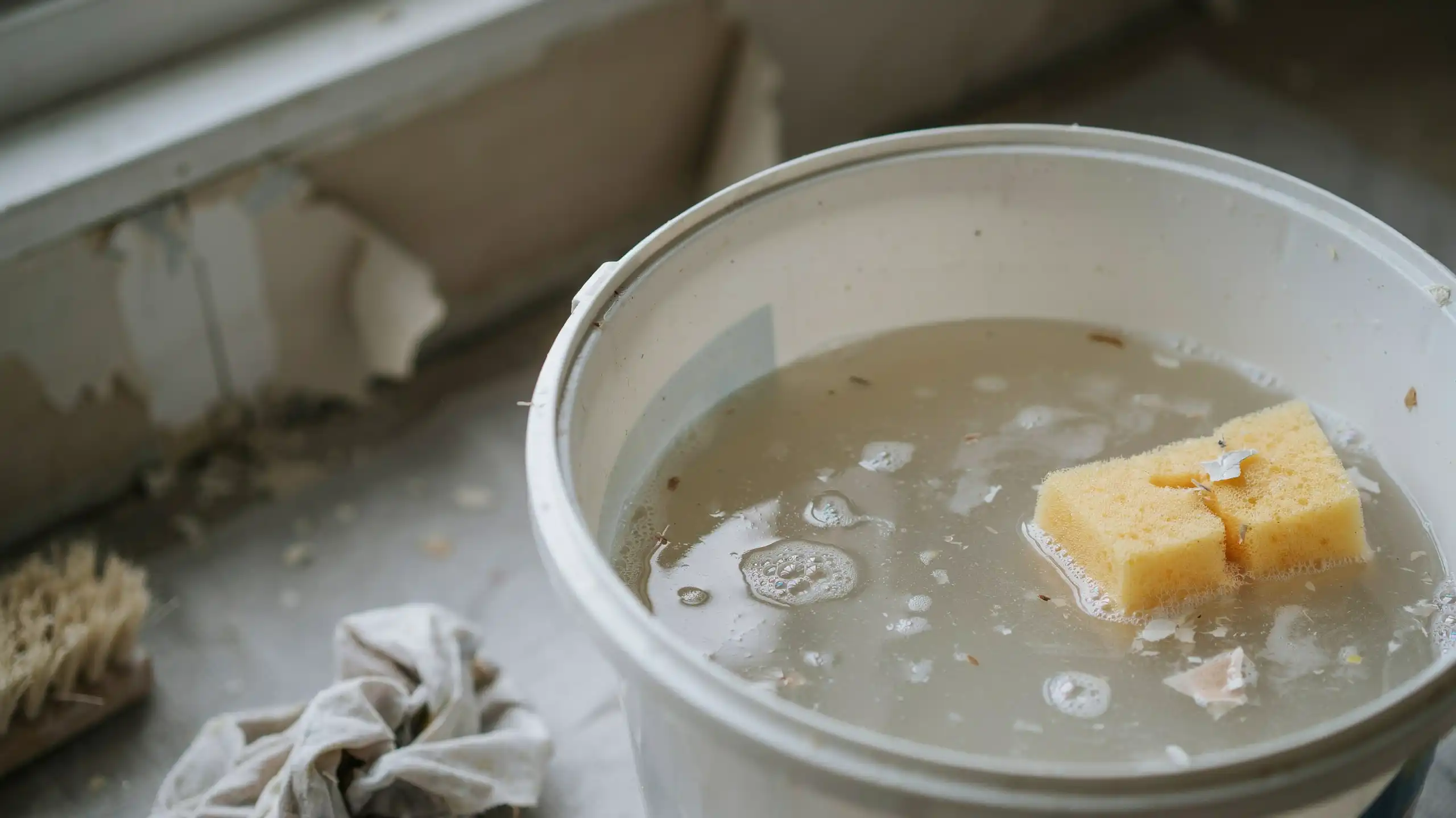 Close up bucket filled with murky water and sponge soaking during wallpaper removal preparation stage.