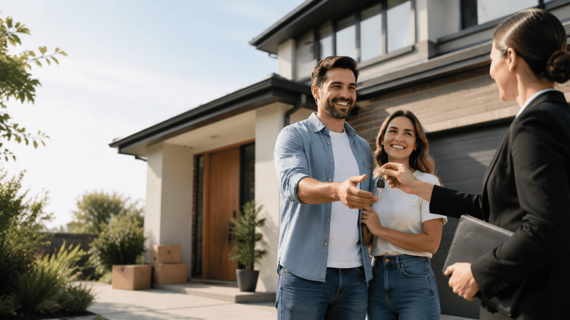 Couple receiving house keys from a real estate agent outside their new home on completion day.