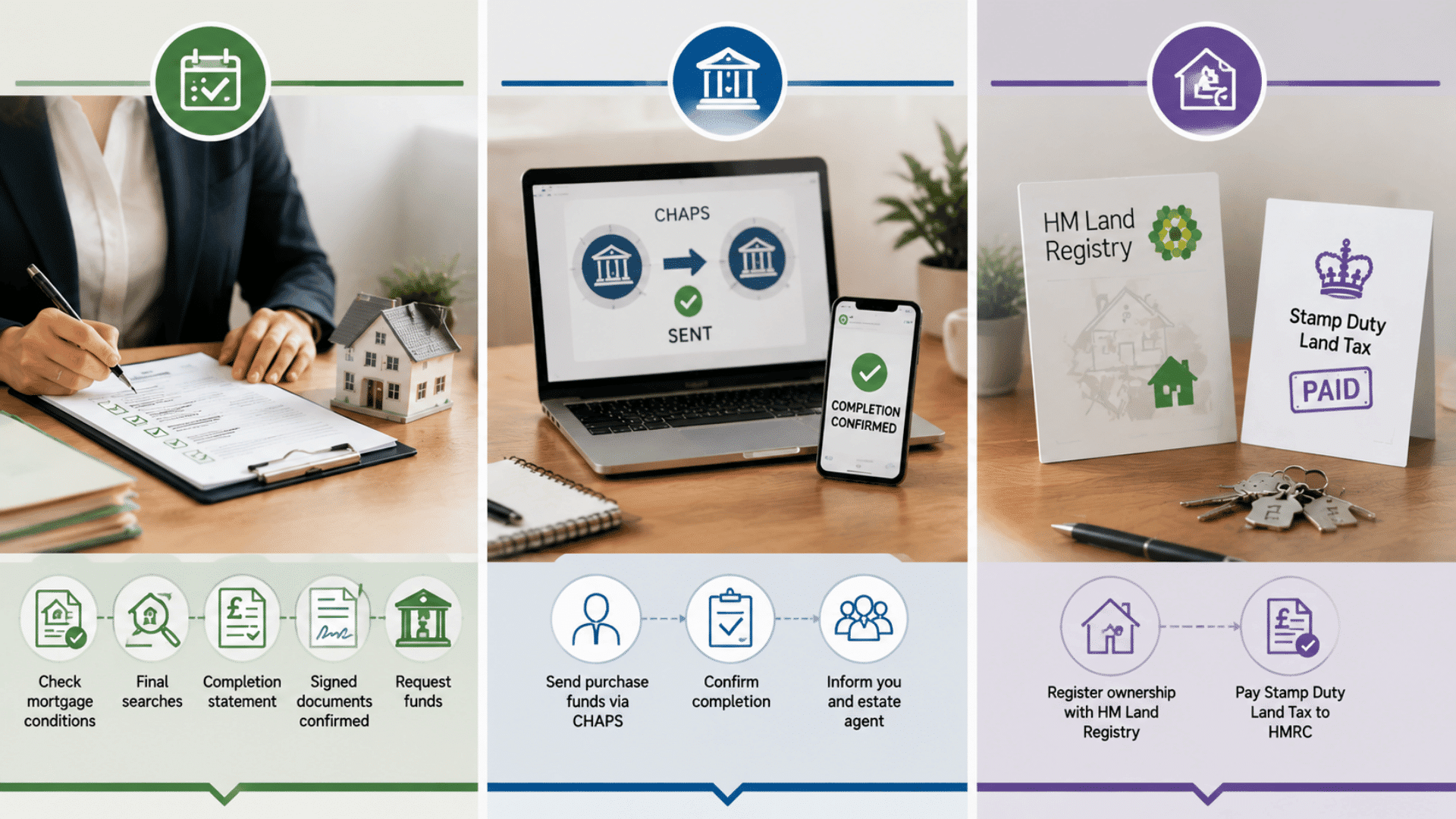 Solicitor handling property completion tasks with documents, CHAPS transfer, ownership registration, and Stamp Duty payment steps.
