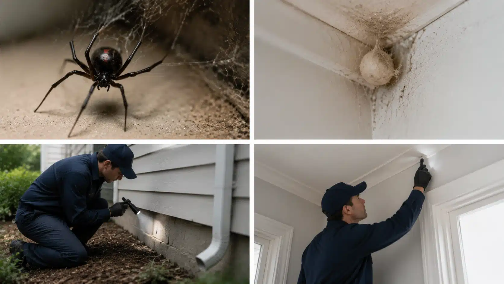 Four-panel image showing spider infestation signs and professional pest inspection, including spider, egg sac, foundation check, and ceiling inspection.