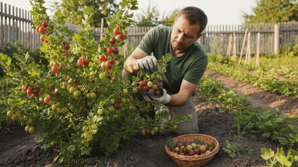 Gardener harvesting ripe gooseberries from a bush and placing them into a bowl in a lush garden beside a wooden fence in warm daylight.