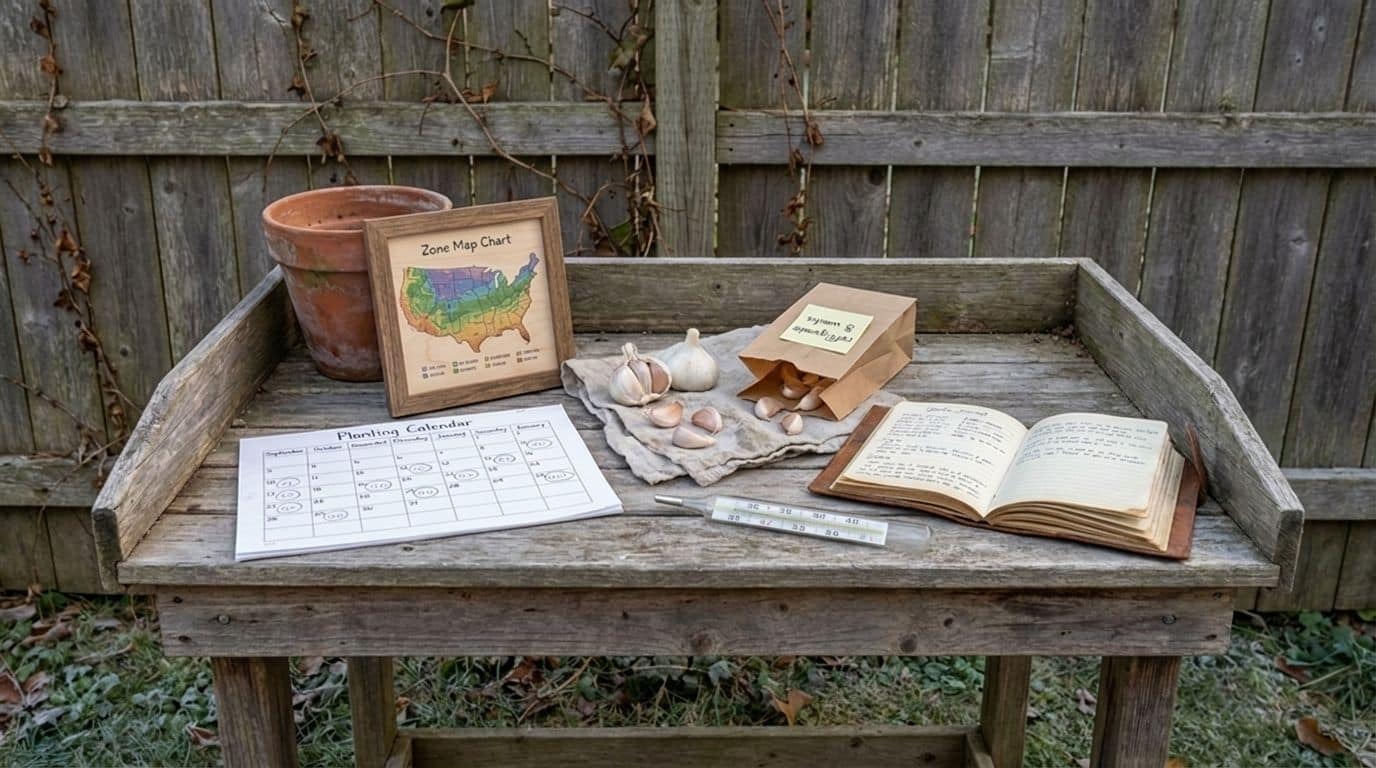 A wooden potting table with an open planting calendar, garlic bulbs and cloves on a linen cloth, a paper bag labeled